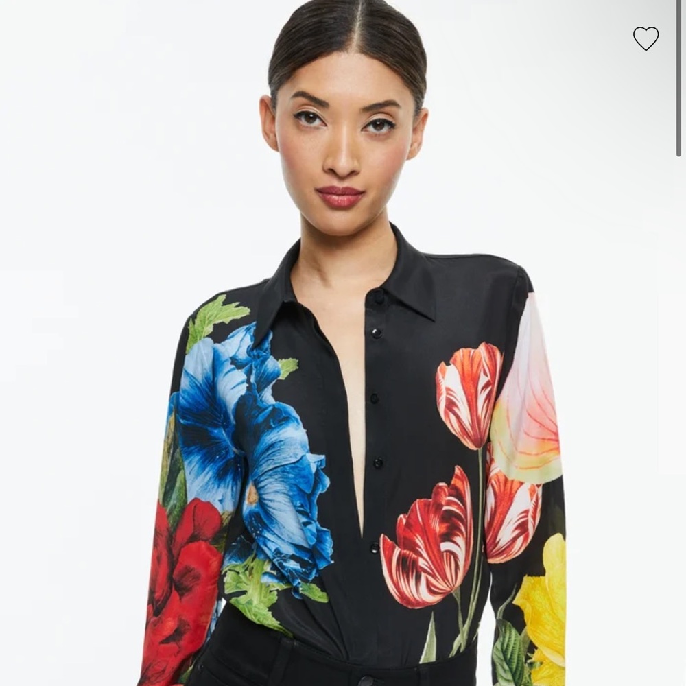 NWT Alice + Olivia Willa Placket Top in Le Parisien Black, Medium